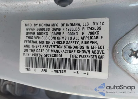 2012 Honda Civic Lx из США, поврежденный, VIN 19XFB2F59CE035196